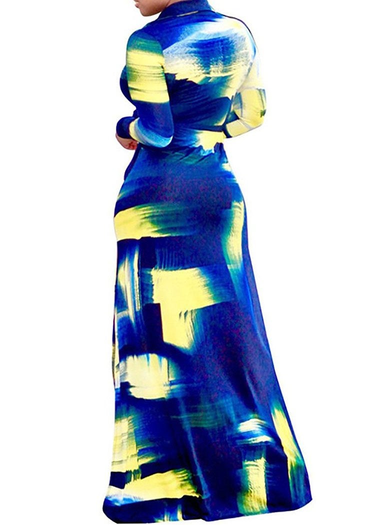 Locryz Women's V Neck 3/4 Sleeve Digital Printed Loose Long Maxi Party Dress with Belt (XL, Blue 1) - Image 2
